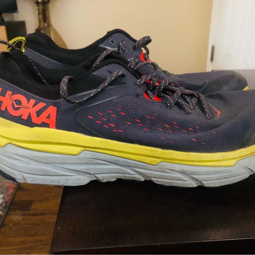 Hoka One One Navy Running Shoes with Yellow & Coral Accents